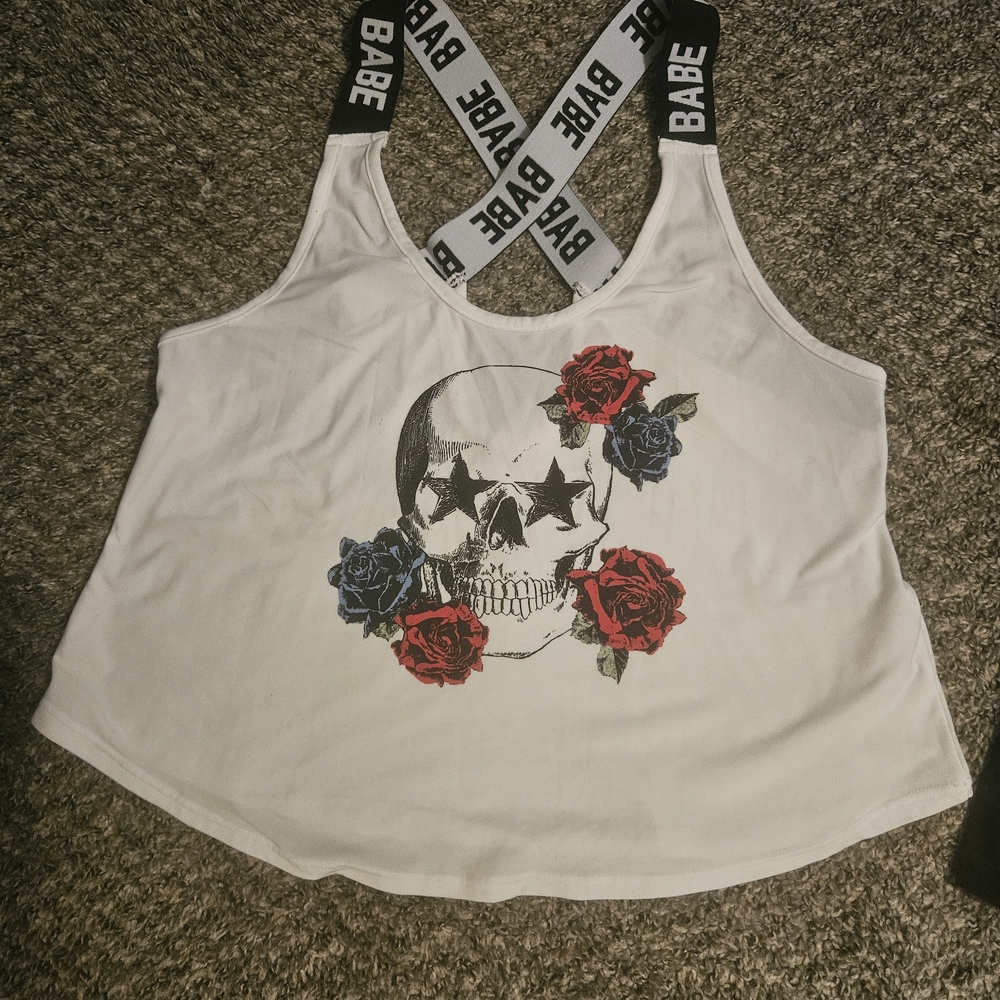 White and Red Graphic Crop Tank Top